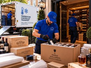 courier specialist transporting vintage wine bottles with protective dividers