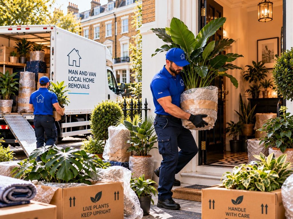 man and van team transporting delicate indoor houseplants in winter