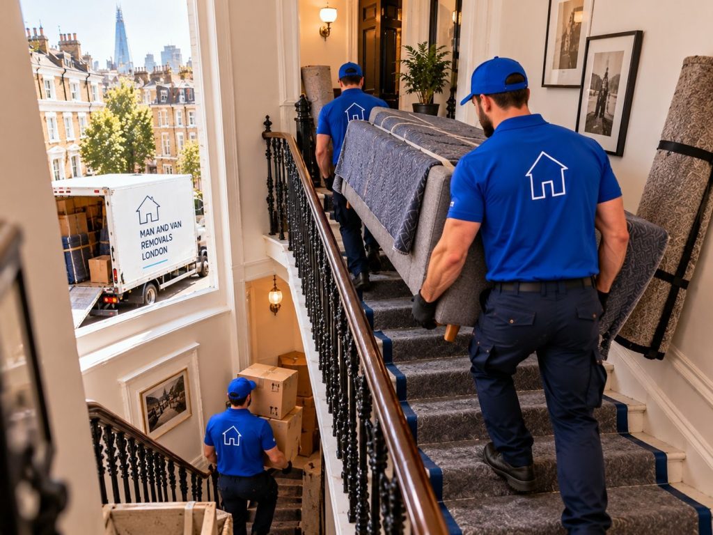 man and van removals london carrying furniture up tenement stairs