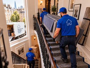 man and van removals london carrying furniture up tenement stairs